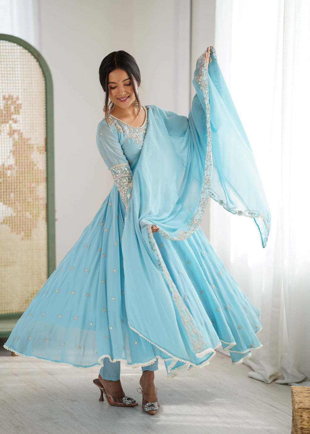 Floral Embroidered Sequinned Georgette Kurta With Palazzos & Dupatta