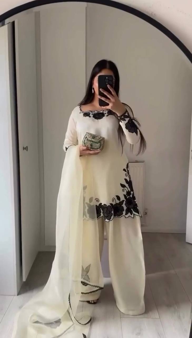 Easy Wear White Fendy Silk Embroidered Top Farshi Pant Set with Lace Dupatta