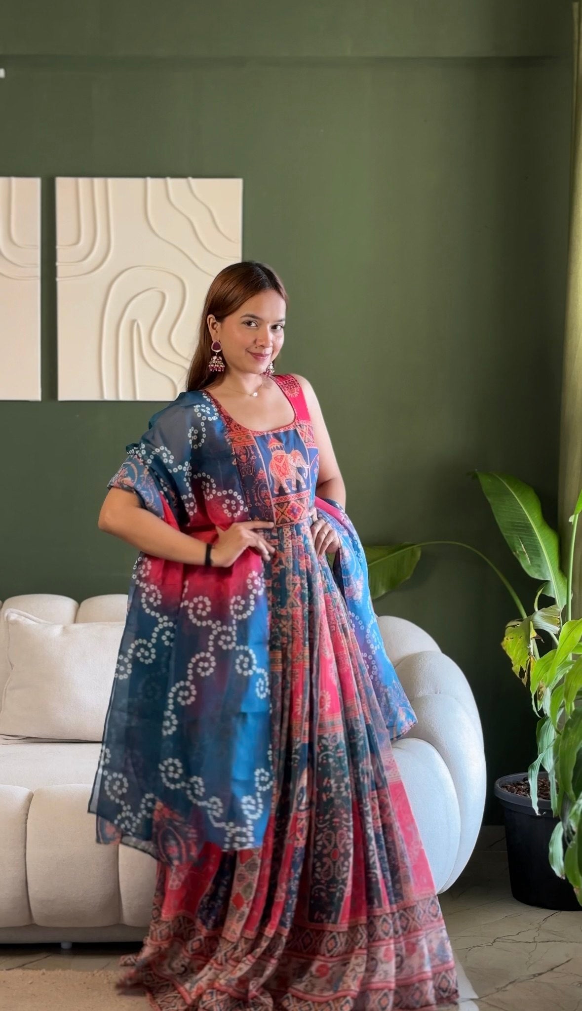 Navy Pink Patola Motif Anarkali Dress, Digital Print Ethnic Maxi with Dupatta