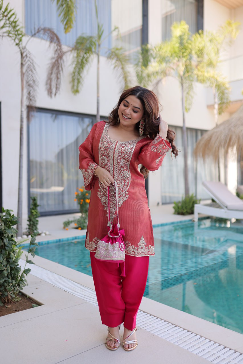 Peach Embroidered Top Pant with Batwa