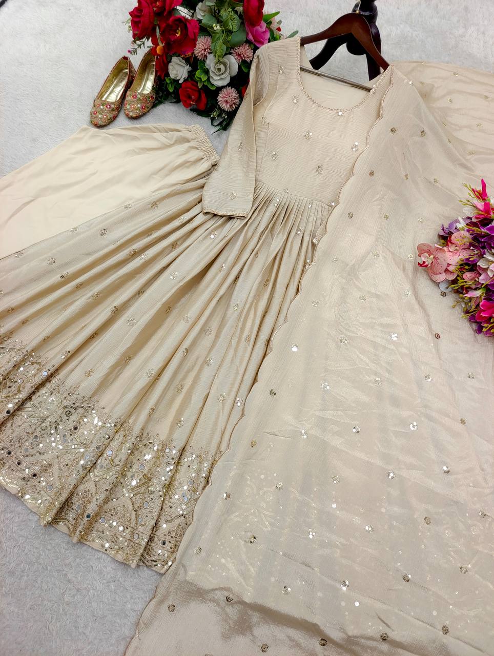 Women's Peach Faux Georgette Stitched Top With Bottom and Dupatta Full Sleeve Embroidered Anarkali Gown
