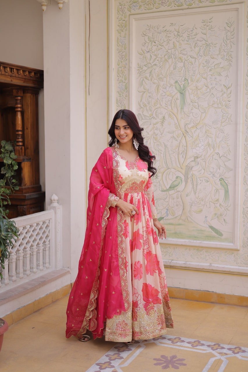 Beautiful Cream Floral Printed Silk Engagement Wear Anarkali Gown