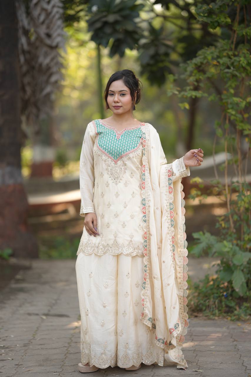 Aglow Off White Chinon Embroider Work Salwar Suit