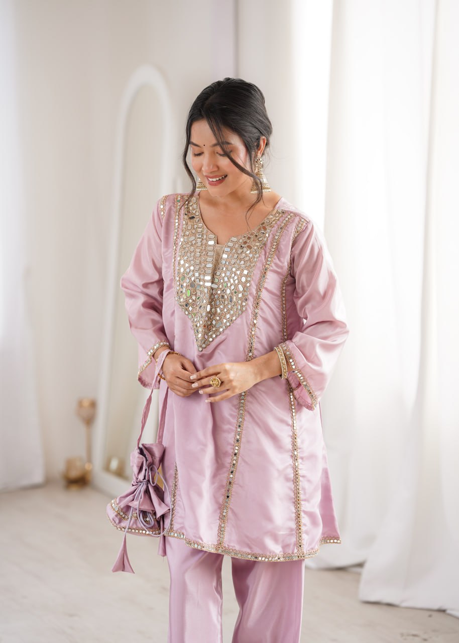 Pink Mirror Work Kurti Pant Set & Batwa