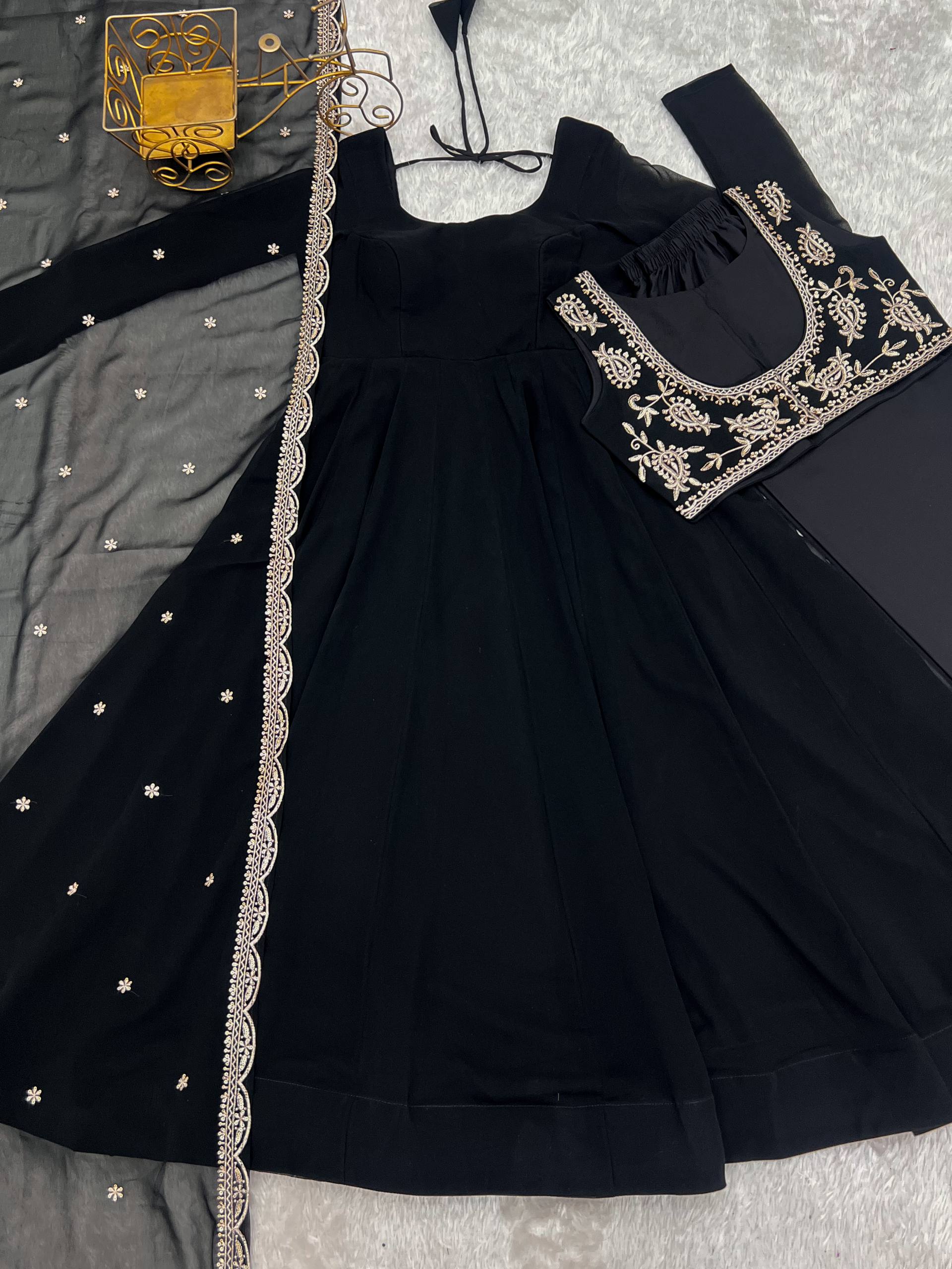 Black Color Faux Georgette Embroidered Anarkali Suit