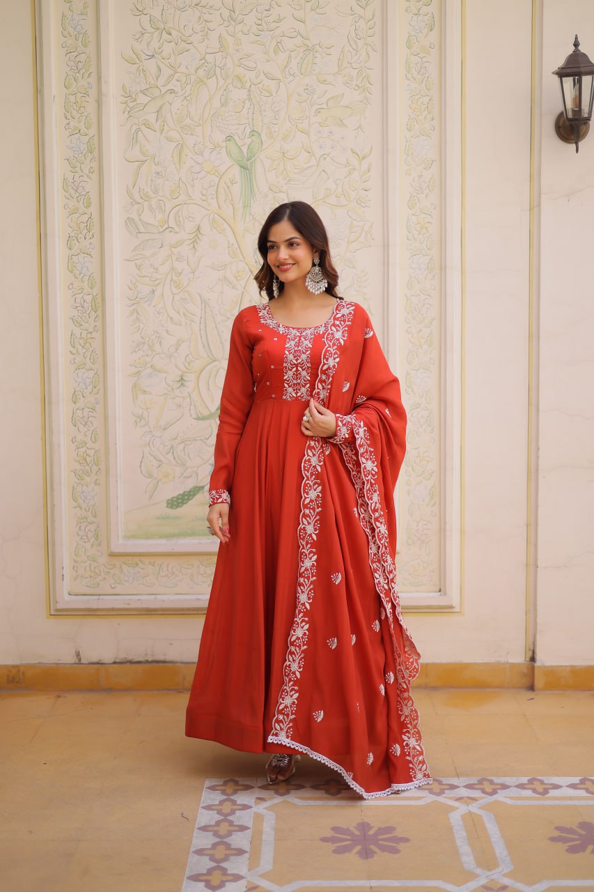 Sweet Rust Orange Bead Work Chanderi Wedding Wear Gown With Dupatta