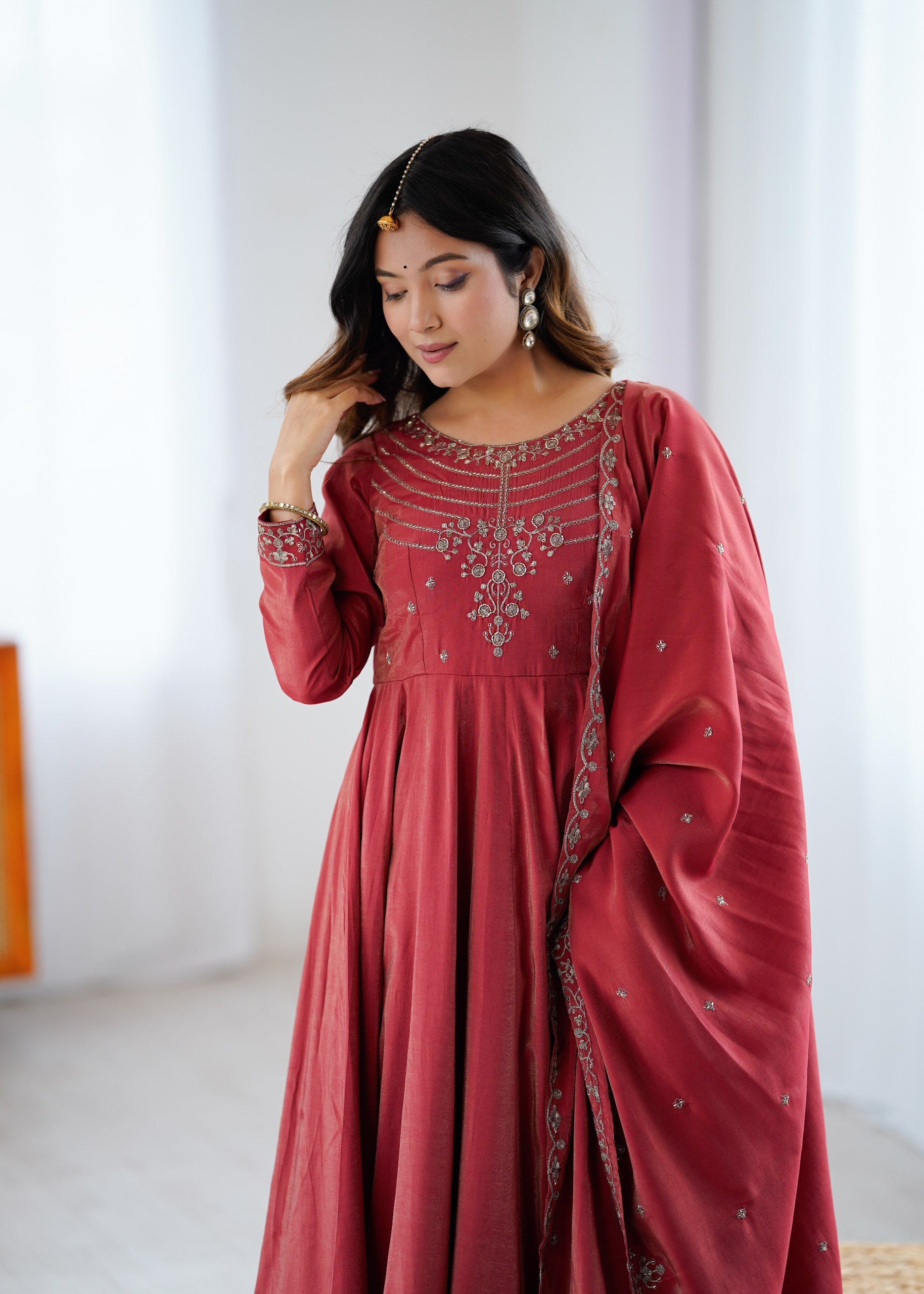 Maroon Chanderi Silk Anarkali Set with Handwork Beads