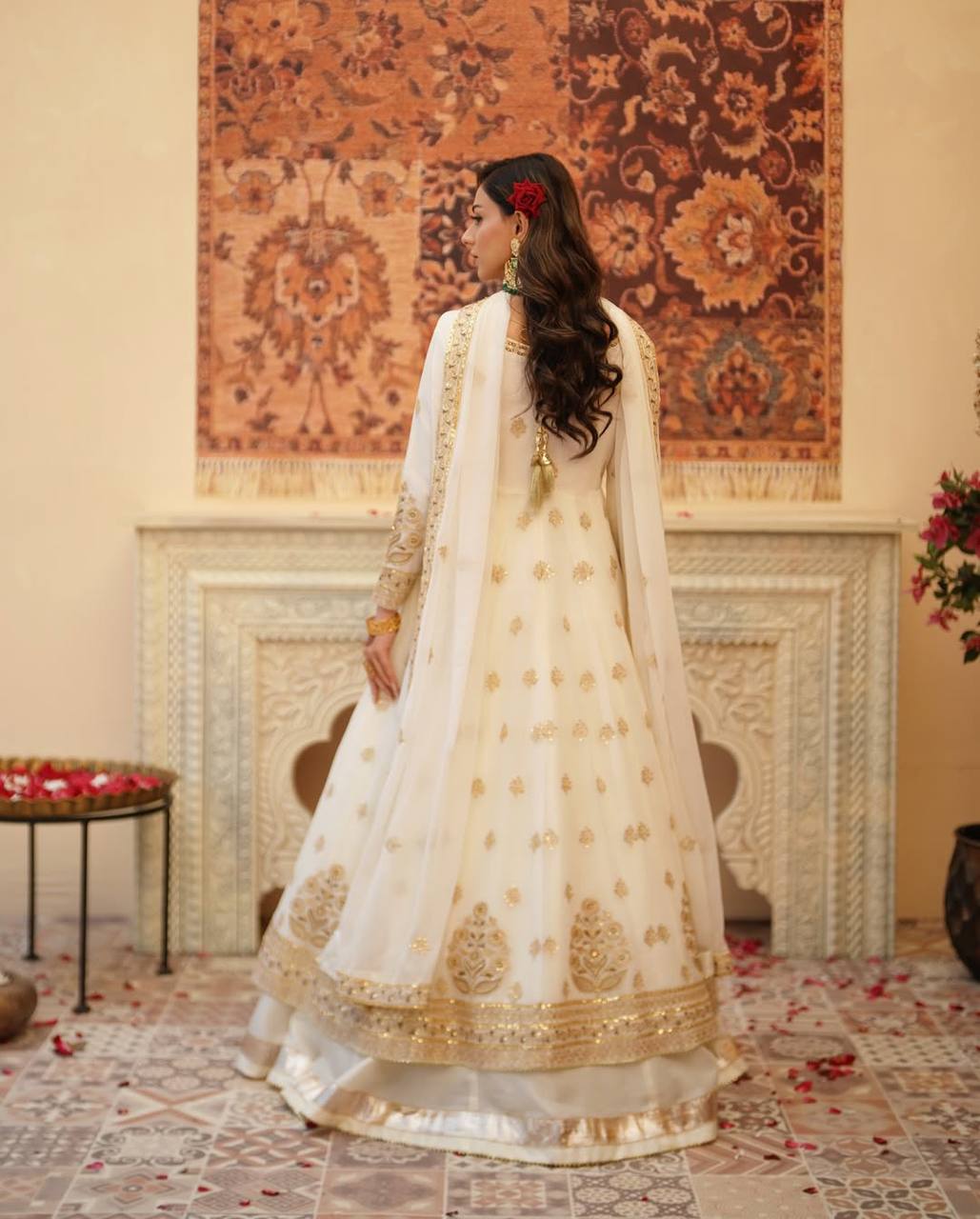 Stunning White Festive Wear Lehenga Gown With Gota Patti and Fancy Lace