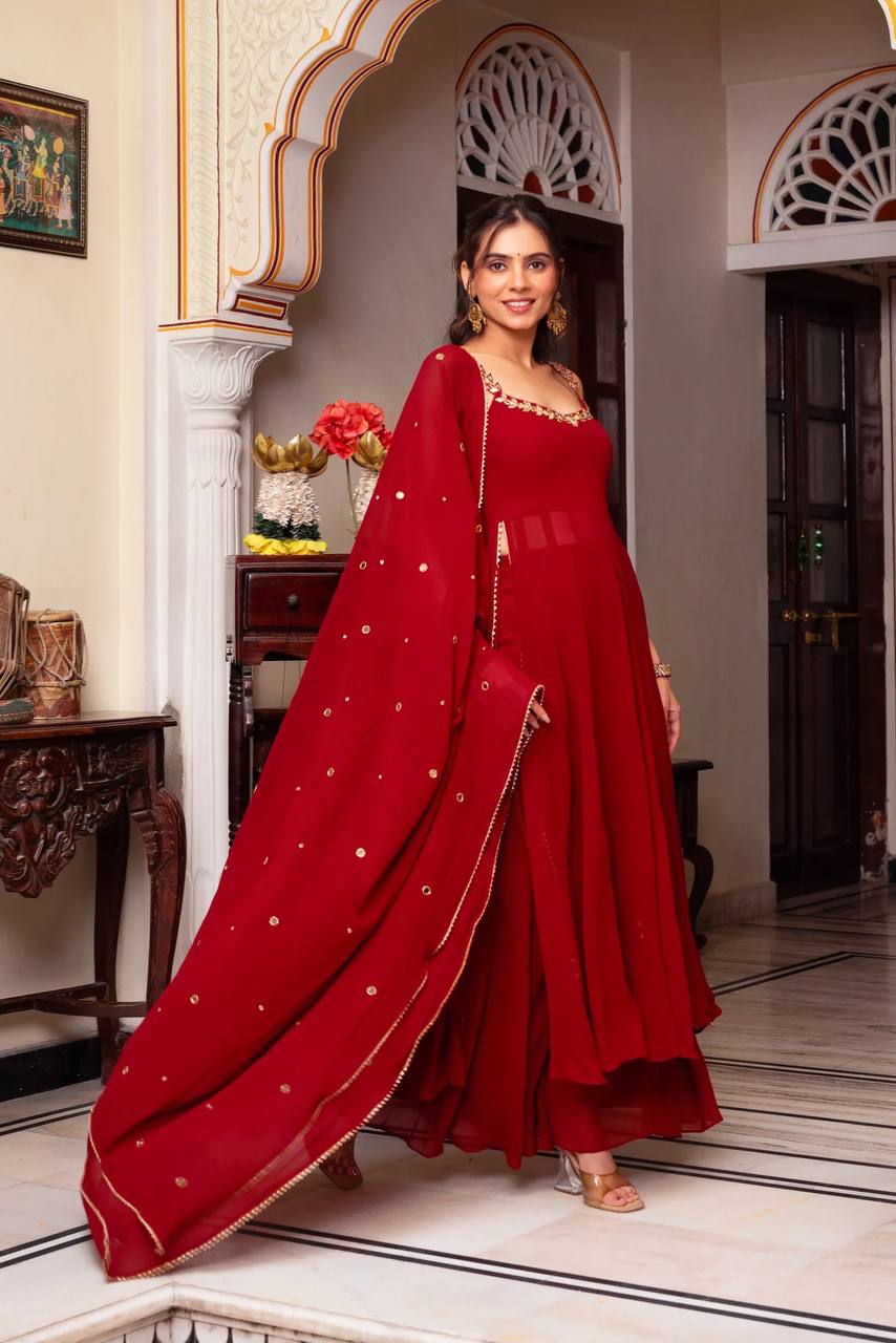 Red Faux Georgette Lace Mirror Work Salwar Suit