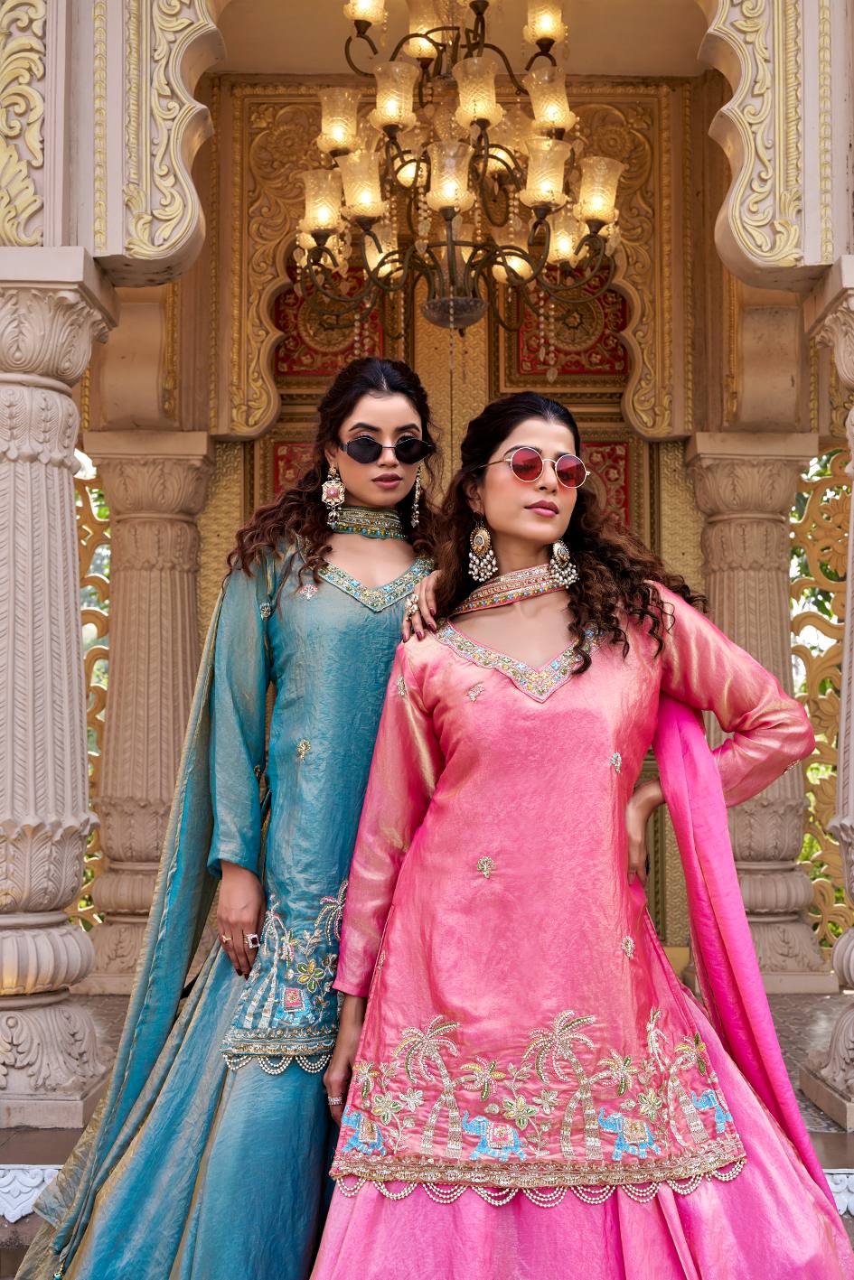 Pink & Blue Pure Fendy Kurti Lehenga with Moti Embroidery & Dupatta Set