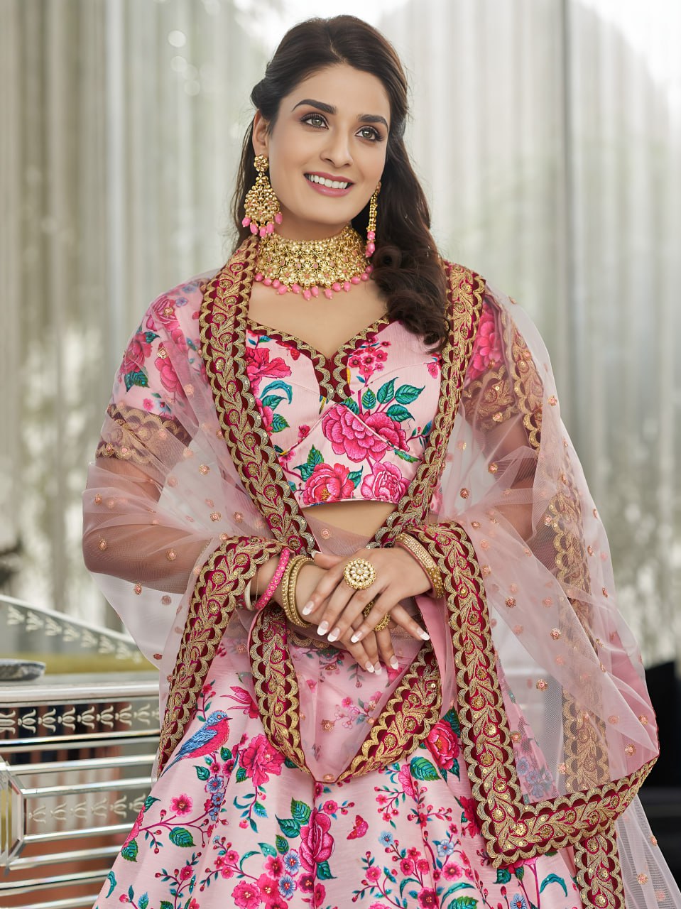 Blush Pink Floral Printed Lehenga with Designer Blouse & Net Dupatta