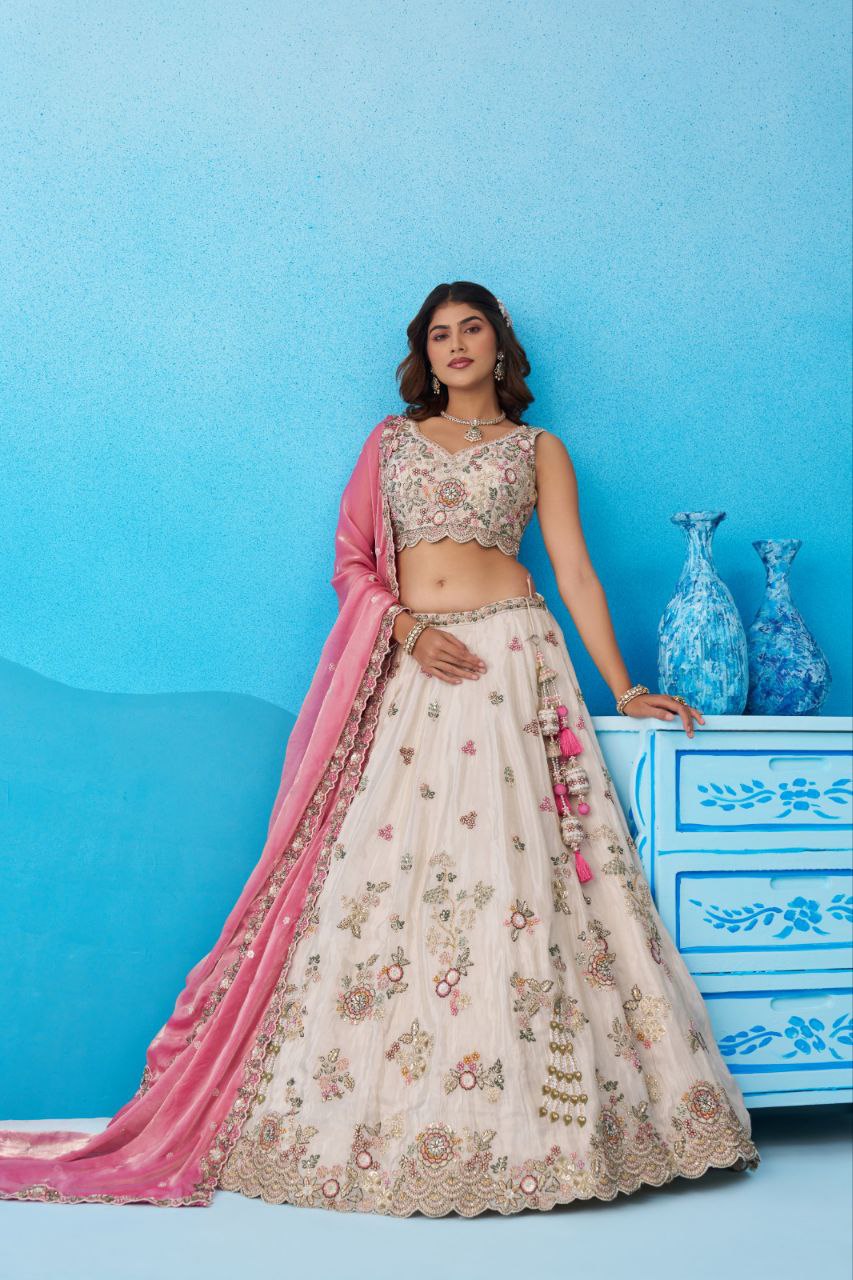 Women's Cream Tissue Sequins Embroidered Lehenga And Blouse With Dupatta