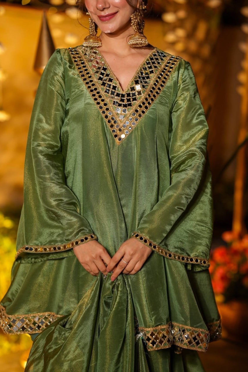 Women Embroidered Panelled Mirror Work Dupion Silk Kurta with Palazzos & With Dupatta