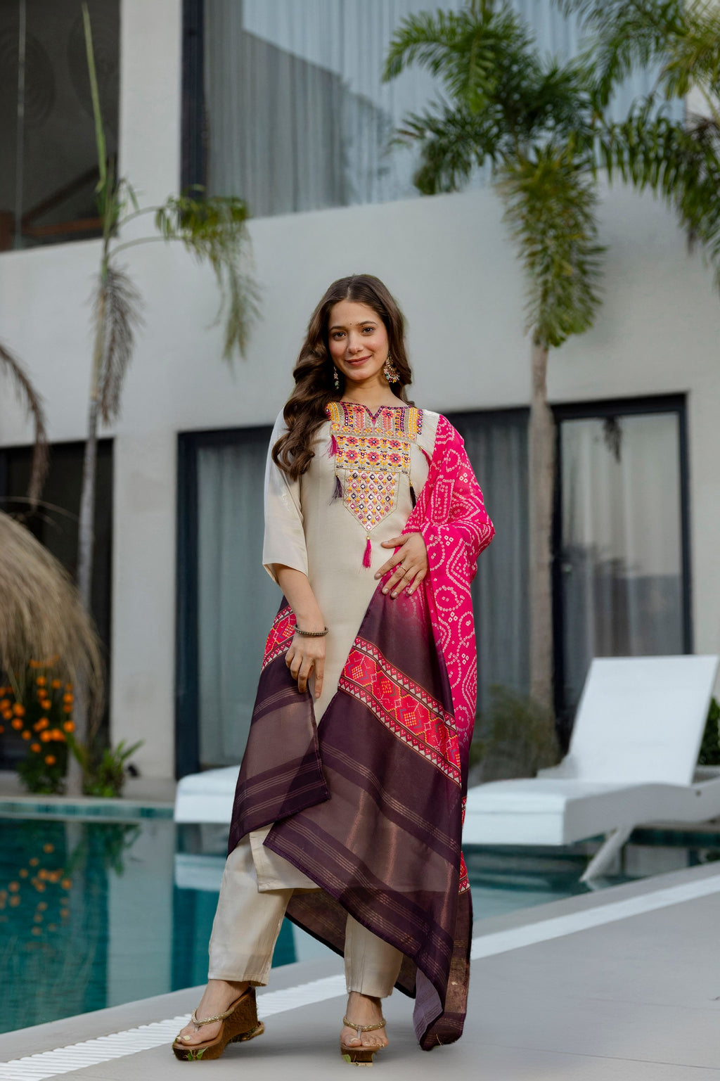 Sophisticated Cream Viscose Shimmer Embroidered Printed Straight Pant Suit After Six Wear