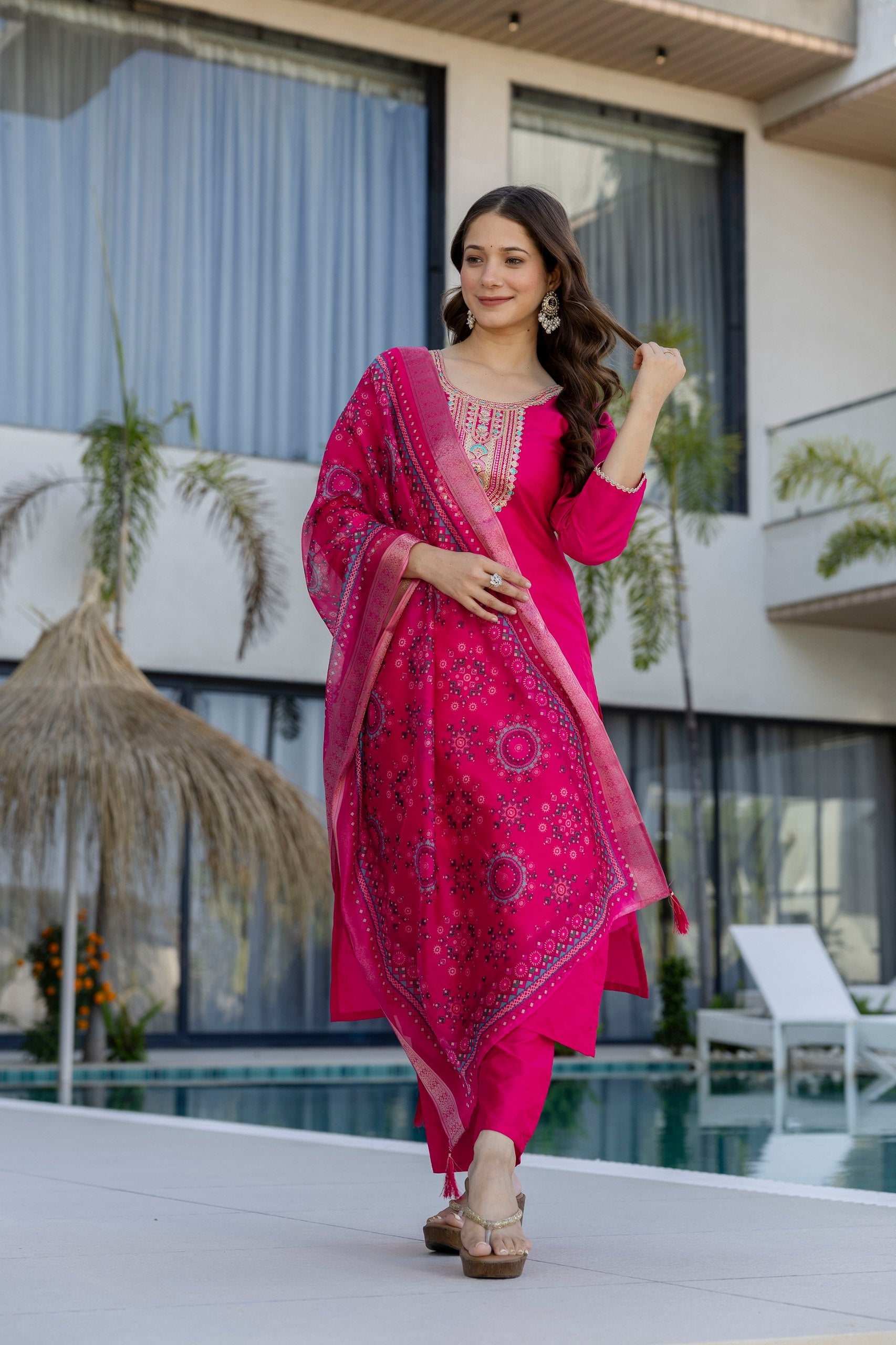 Women Ethnic Motifs Embroidered Regular Thread Work Chanderi Cotton Kurta with Trousers & With Dupatta