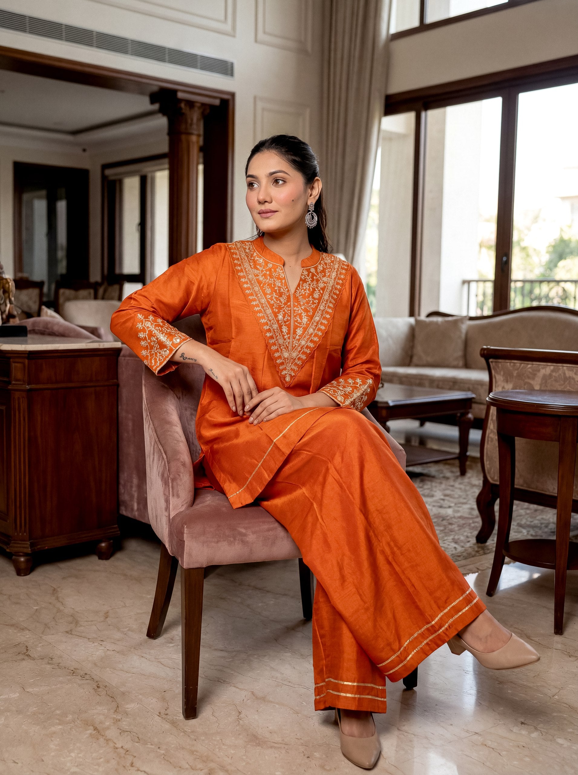 Embroidered Regular Sequinned Chanderi Silk Kurta with Palazzo & Dupatta