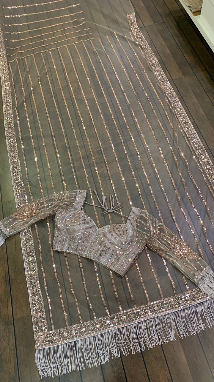 Grey Color Bollywood Saree in Soft Mono Net With Sequence Work Indian Sari