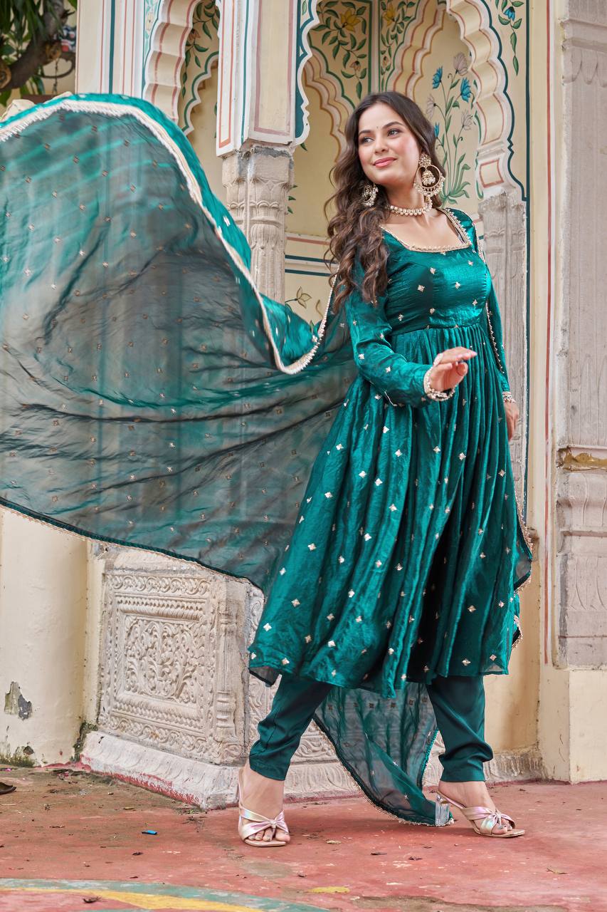 Embroidered Art Silk Anarkali Suit in Teal Blue
