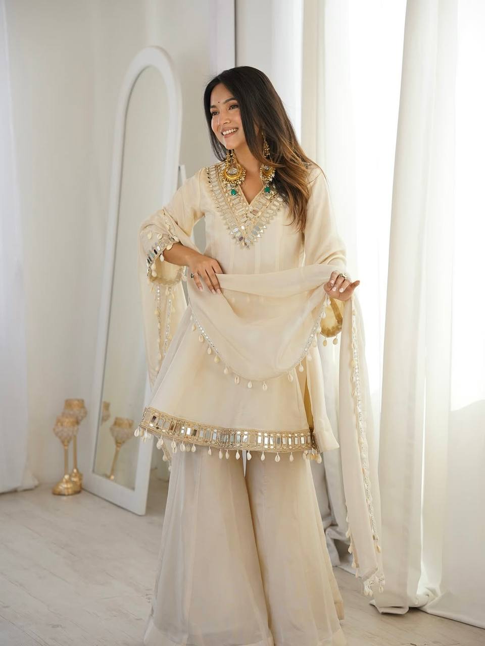 Premium Real Mirror Work Chinon Plazzo Set with Kodi Lace Dupatta for Festive and Party Wear