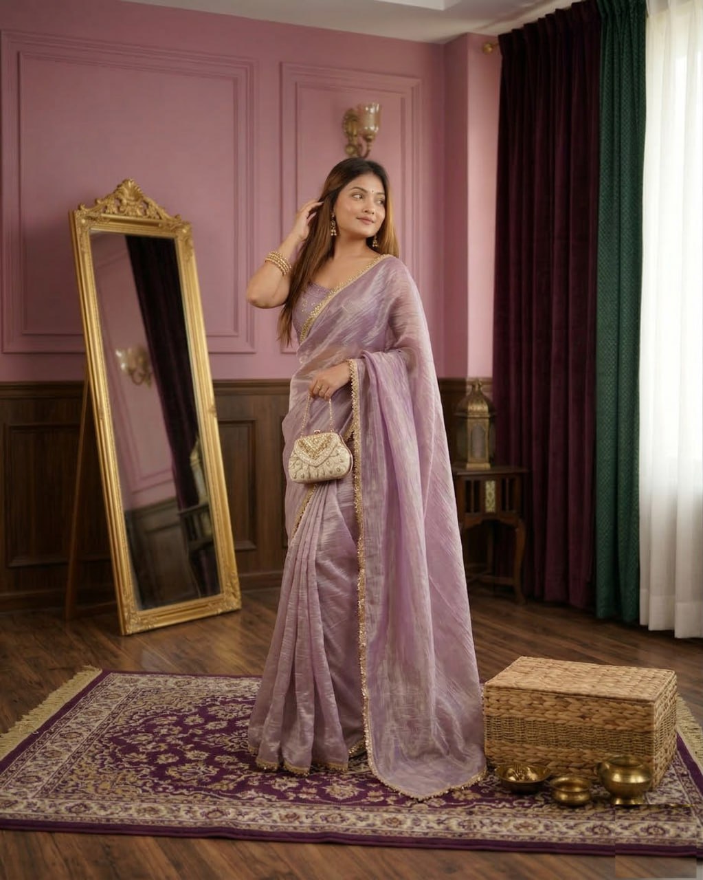 Premium Gold Crush Tissue Silk  Saree with Unstich Blouse