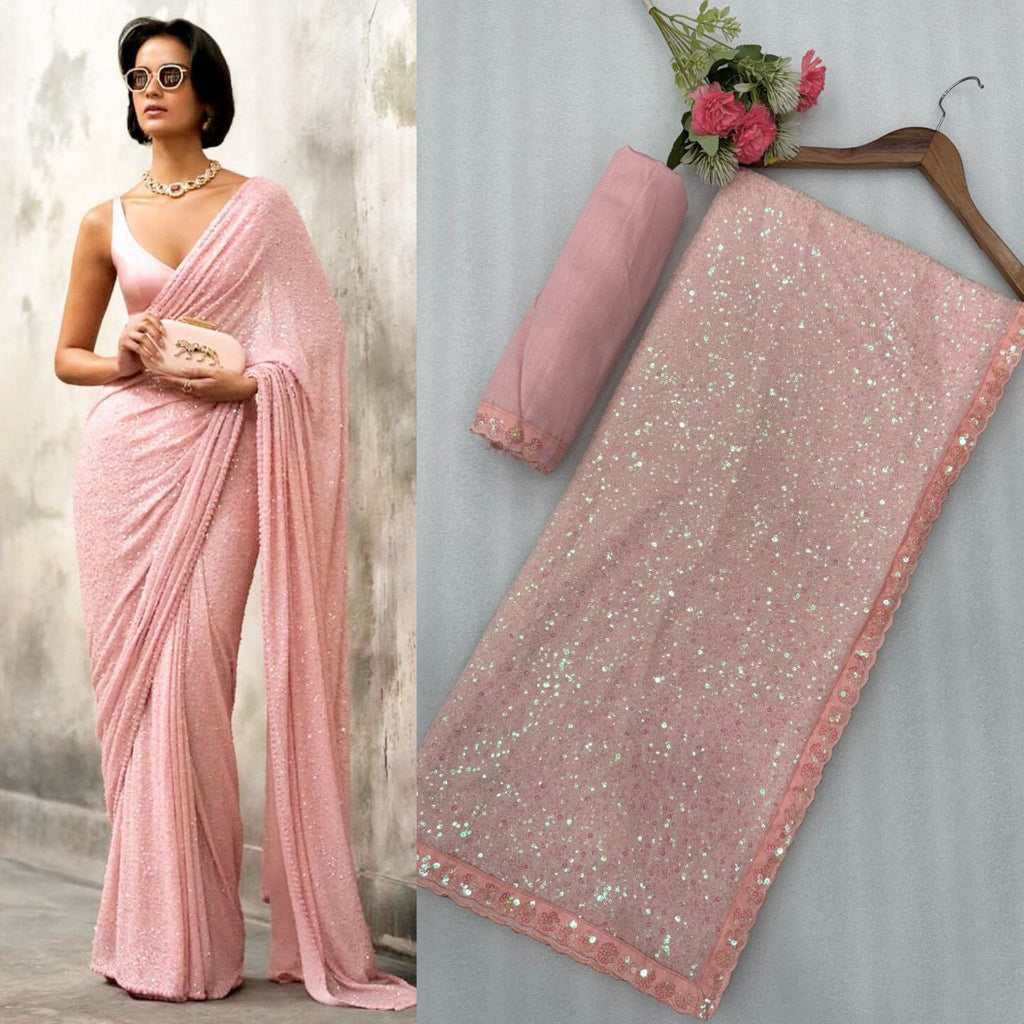 Saree Of FAUX Georgette With Heavy 5MM &amp; 3MM Khichdi Sequence Embrodery Work