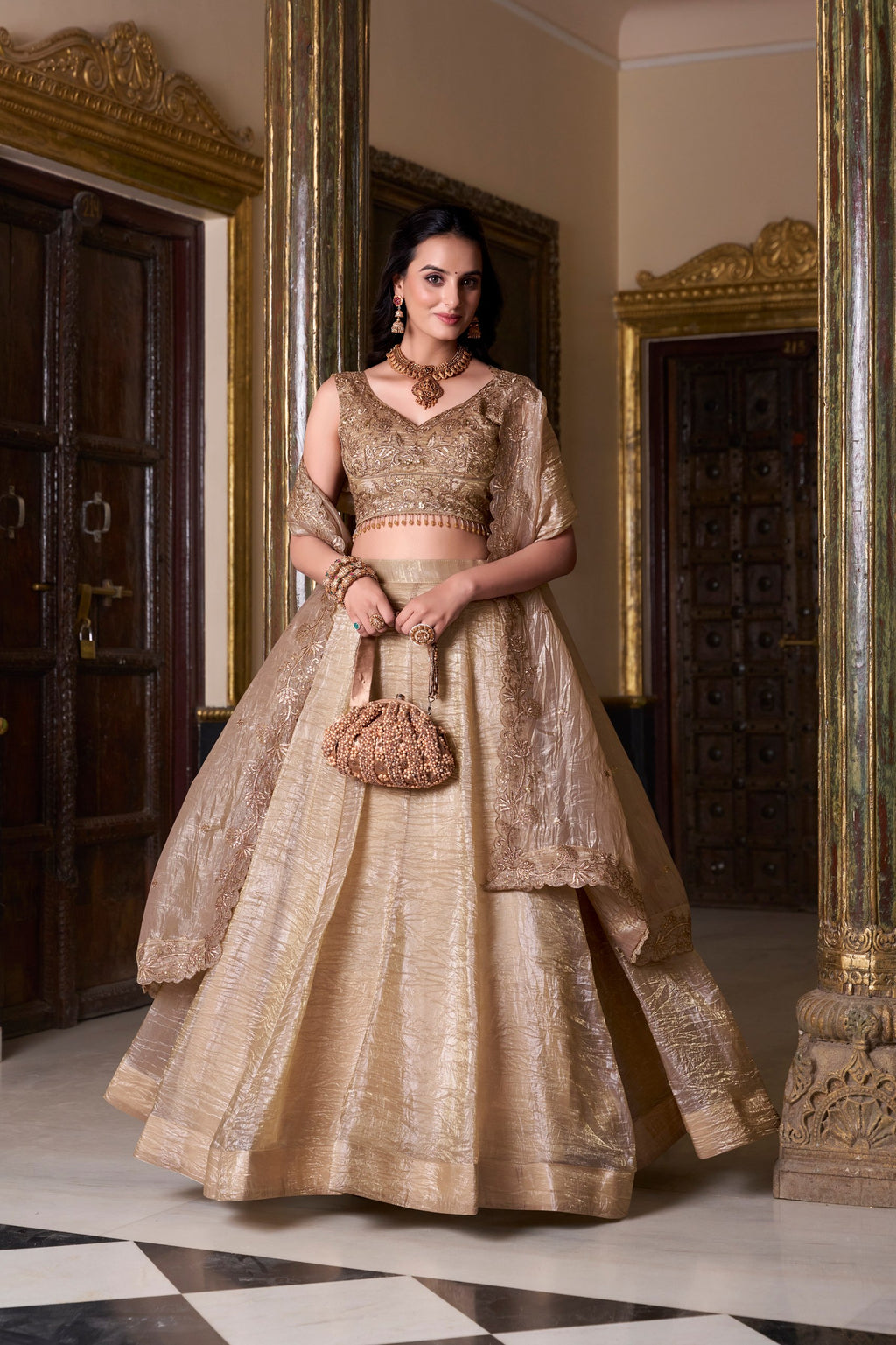 Chikoo Color Gold Crush Lehenga Choli