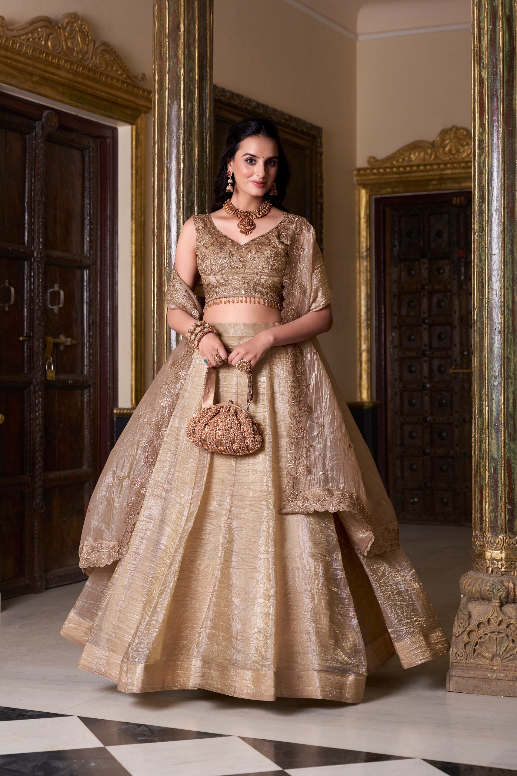 Chikoo Color Gold Crush Lehenga Choli