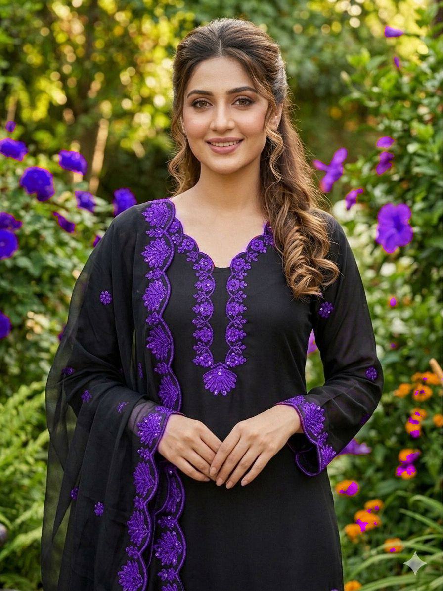 REAL MODLING THIS SEASON WEAR OUR SEQUENCE EMBROIDERY WORKED TOP, FARSI SALWAAR WITH DUPATTA