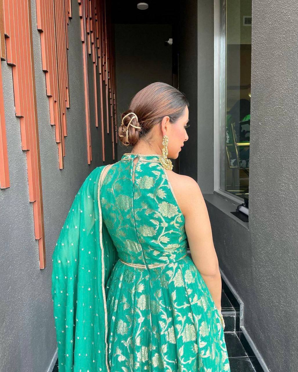 Pure Banarasi Silk Green Gown fully stitched