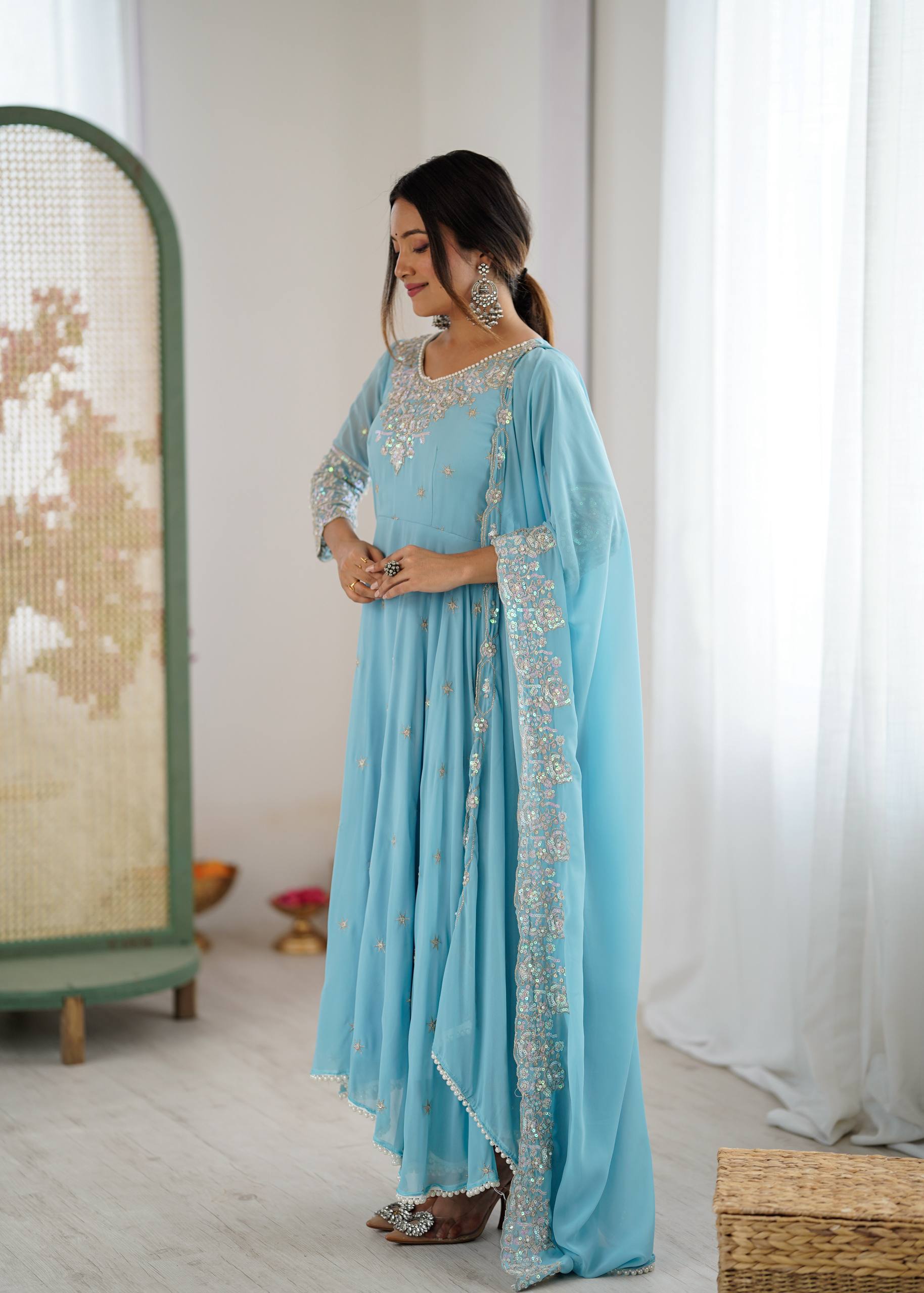 Floral Embroidered Sequinned Georgette Kurta With Palazzos & Dupatta