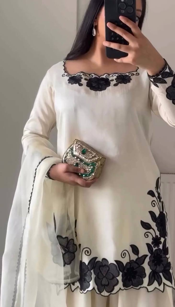 Easy Wear White Fendy Silk Embroidered Top Farshi Pant Set with Lace Dupatta