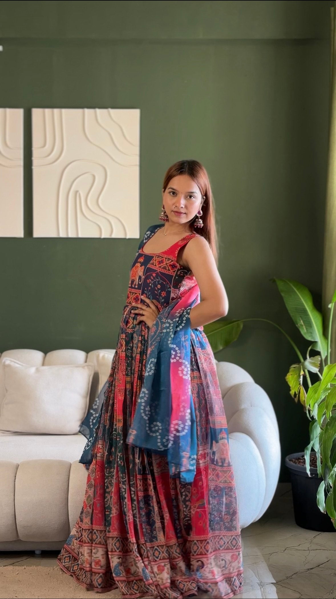 Navy Pink Patola Motif Anarkali Dress, Digital Print Ethnic Maxi with Dupatta