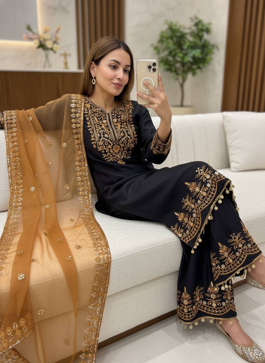 Women Ethnic Motifs Embroidered Regular Thread Work Kurta with Trousers & With Dupatta