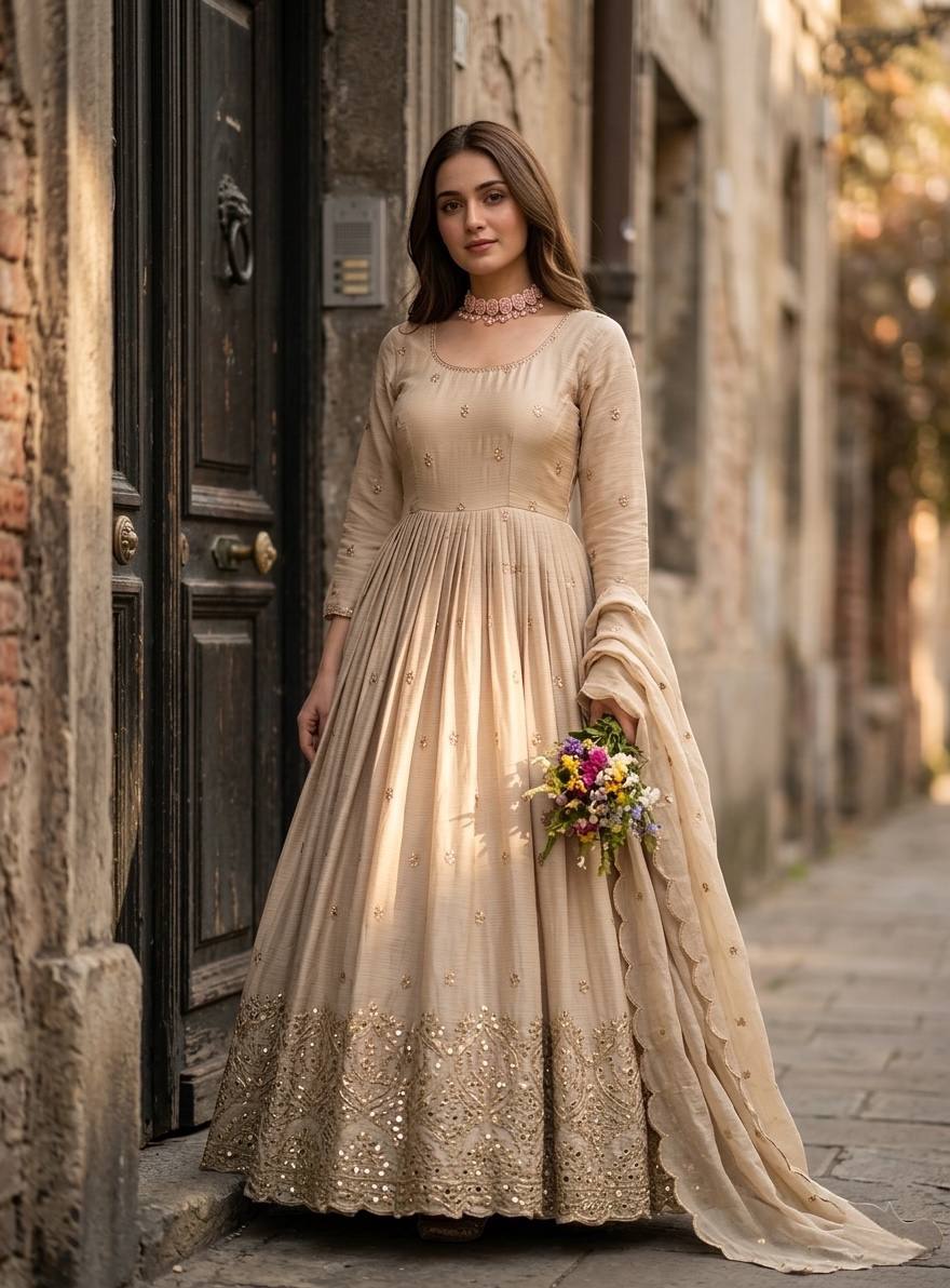 Women's Peach Faux Georgette Stitched Top With Bottom and Dupatta Full Sleeve Embroidered Anarkali Gown