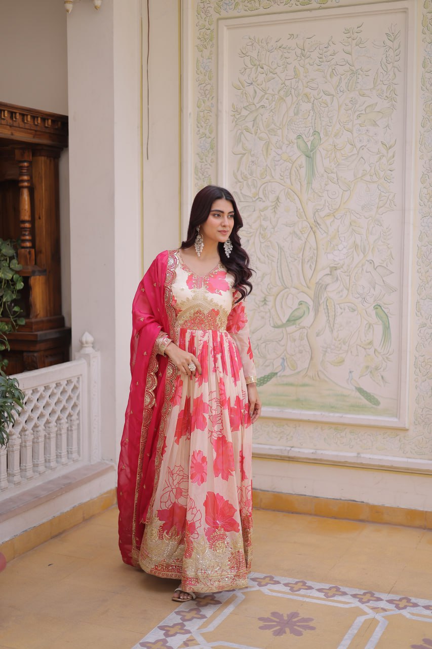 Beautiful Cream Floral Printed Silk Engagement Wear Anarkali Gown
