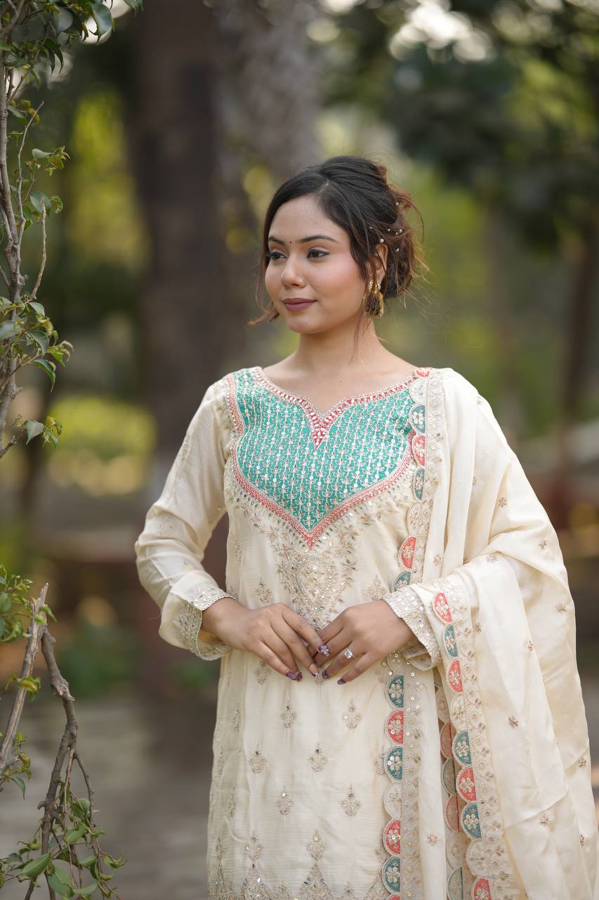 Aglow Off White Chinon Embroider Work Salwar Suit