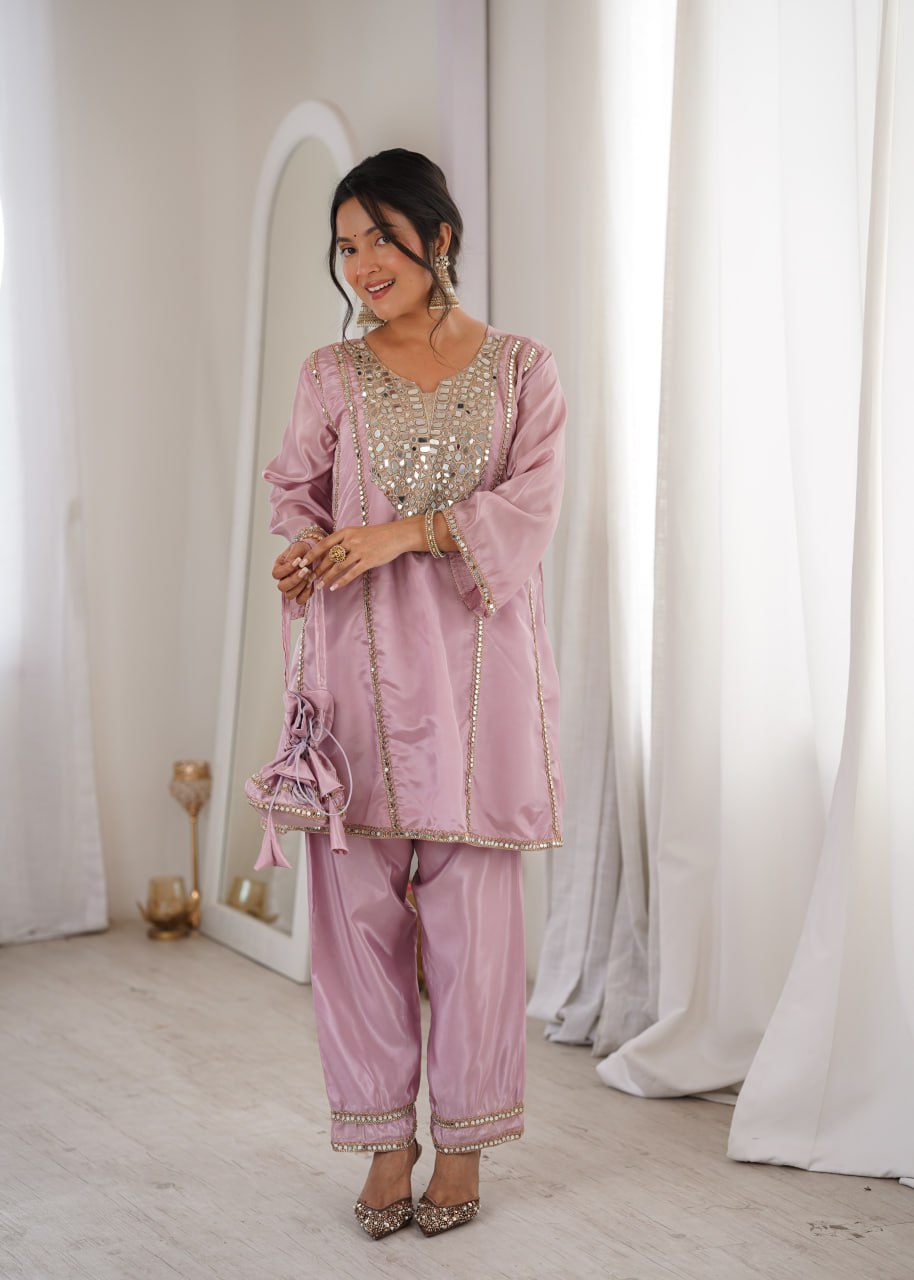 Pink Mirror Work Kurti Pant Set & Batwa