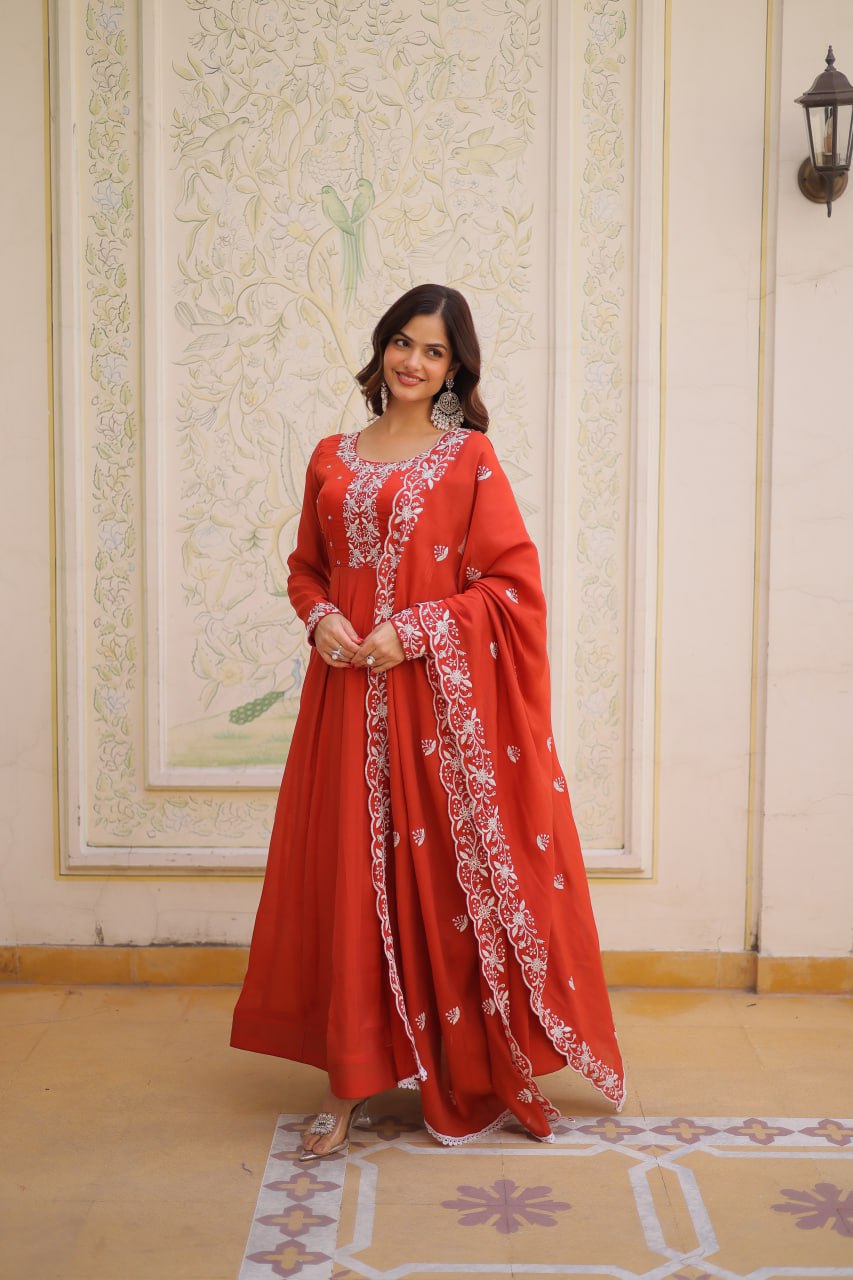 Sweet Rust Orange Bead Work Chanderi Wedding Wear Gown With Dupatta