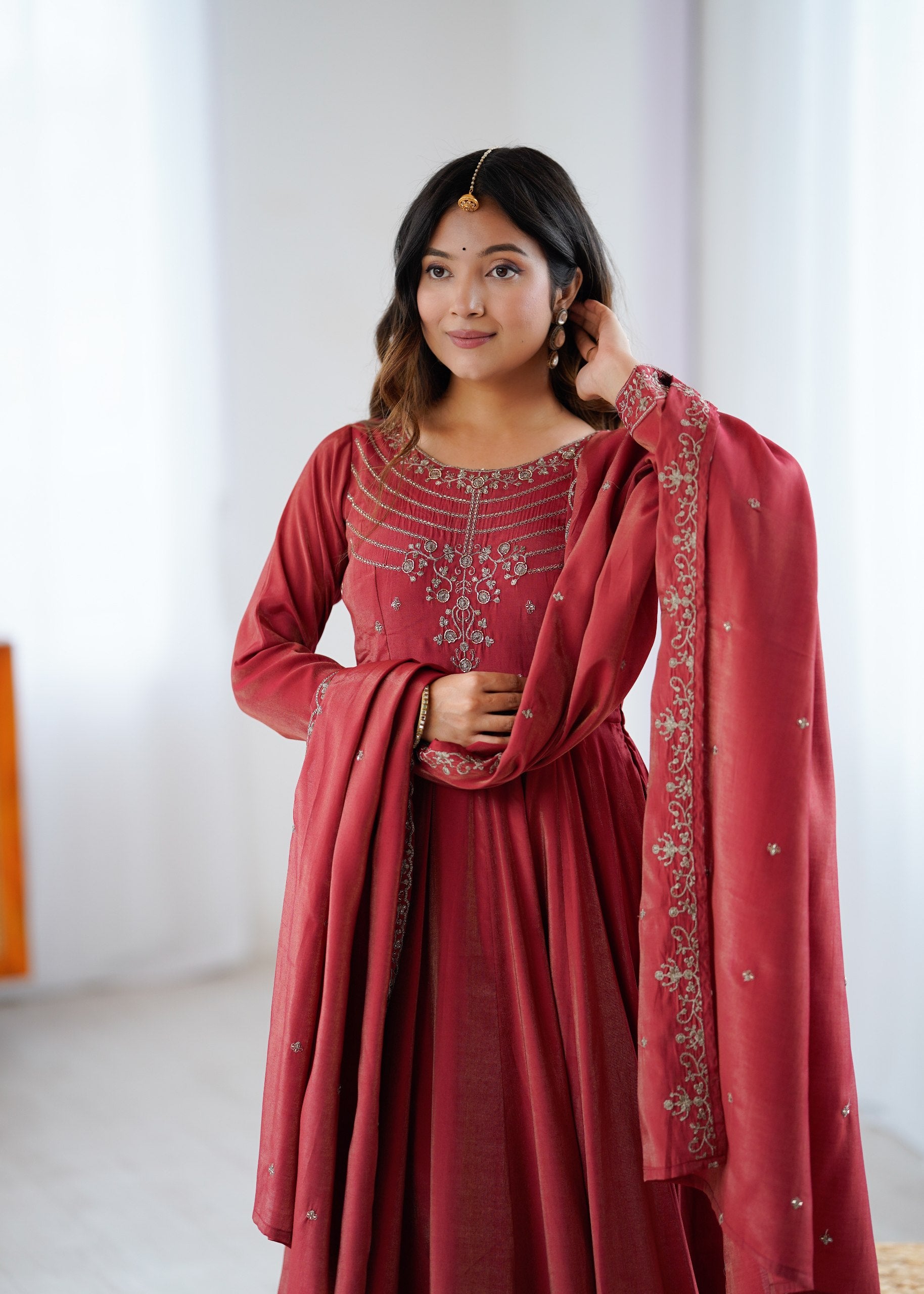 Maroon Chanderi Silk Anarkali Set with Handwork Beads