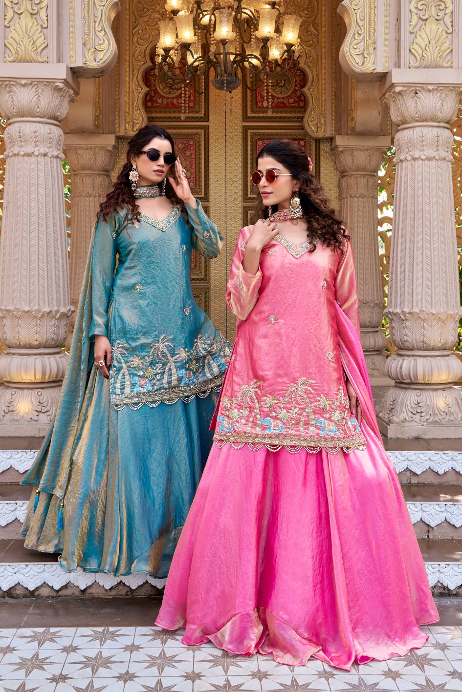 Pink & Blue Pure Fendy Kurti Lehenga with Moti Embroidery & Dupatta Set