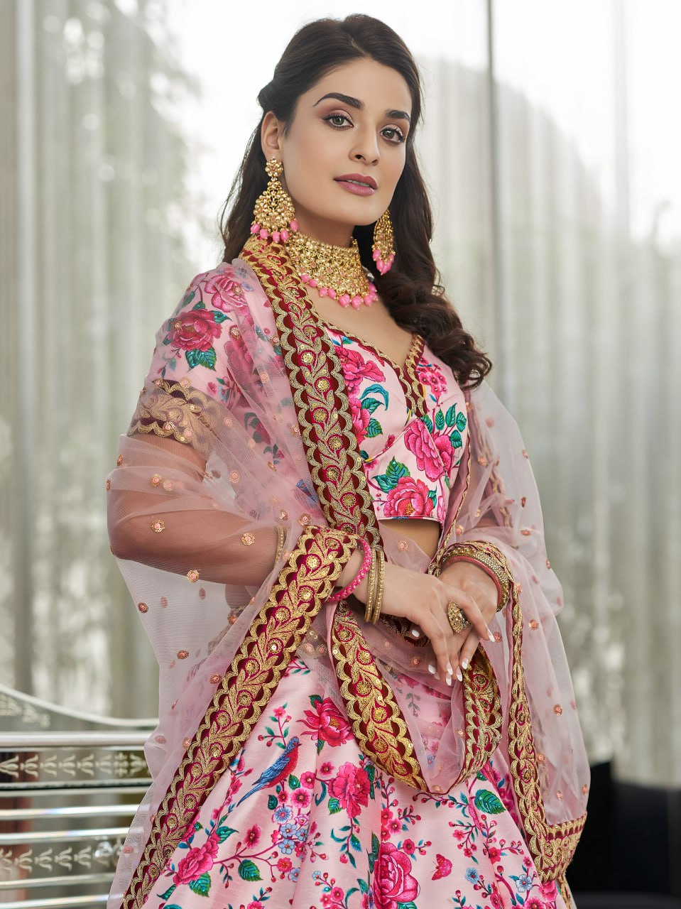 Blush Pink Floral Printed Lehenga with Designer Blouse & Net Dupatta