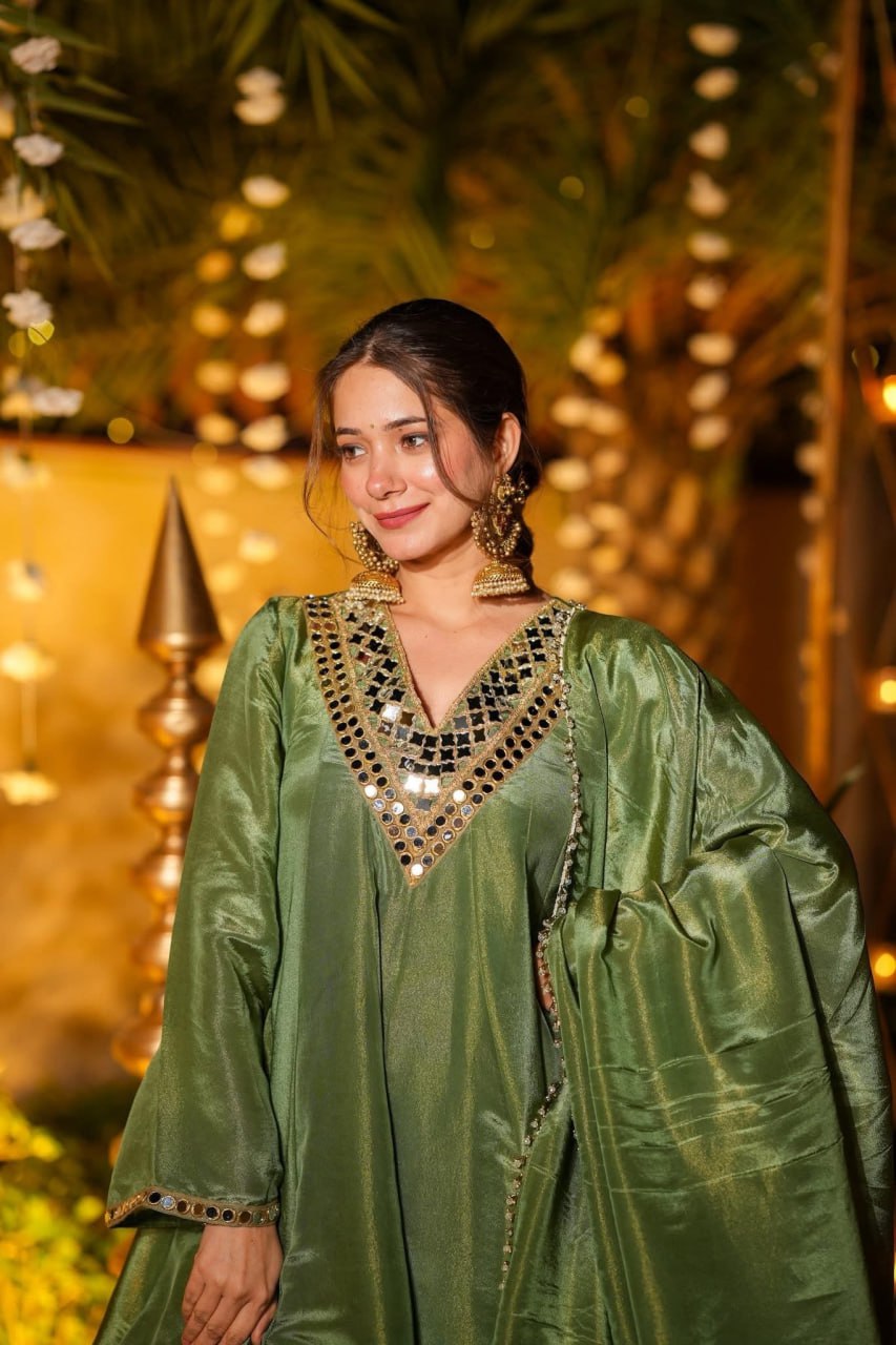 Women Embroidered Panelled Mirror Work Dupion Silk Kurta with Palazzos & With Dupatta