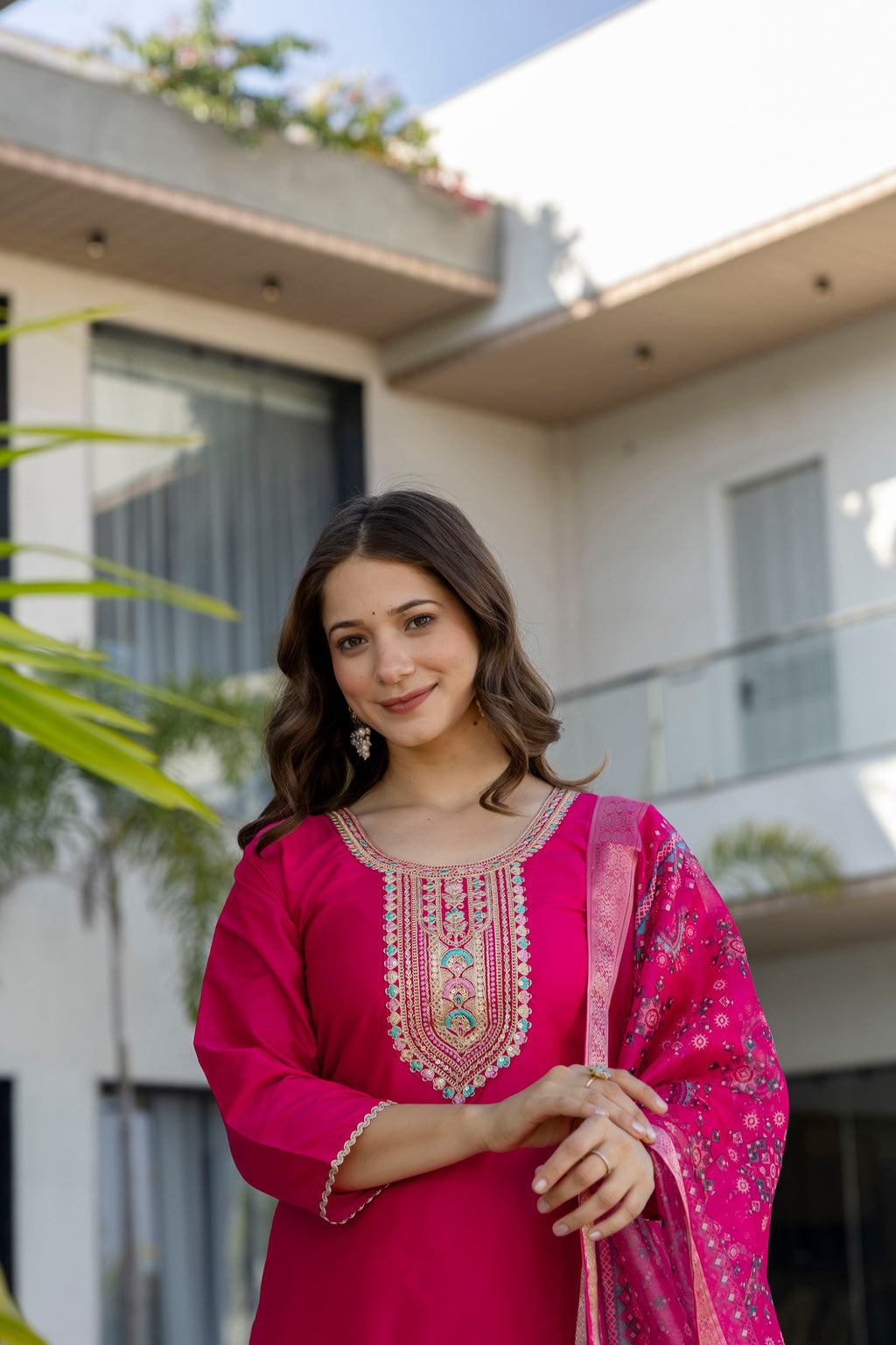 Women Ethnic Motifs Embroidered Regular Thread Work Chanderi Cotton Kurta with Trousers & With Dupatta