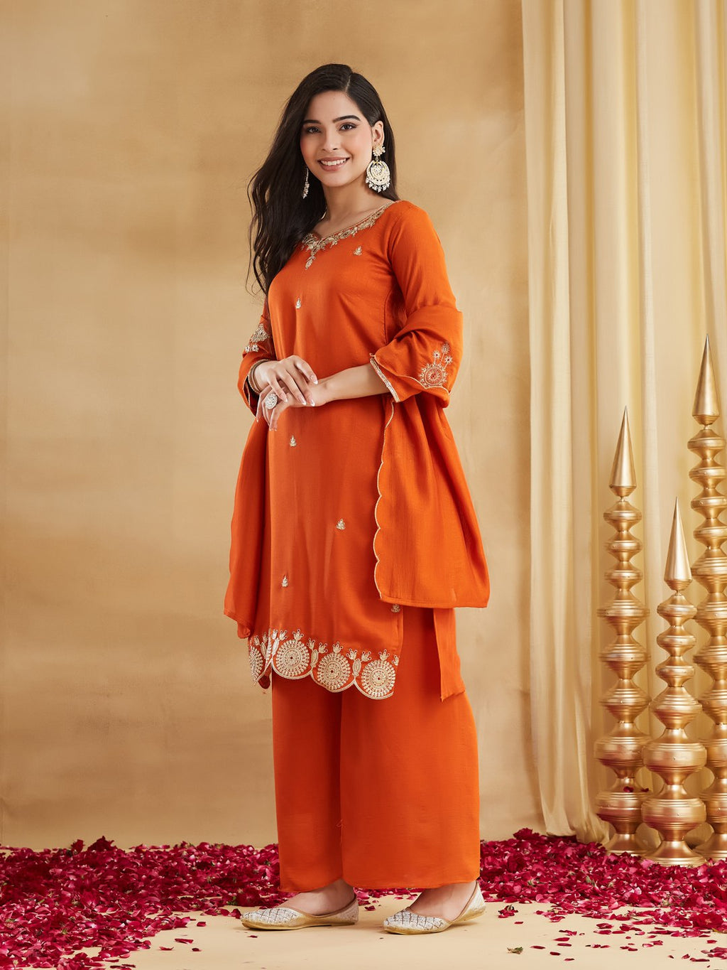 Women Ethnic Motifs Embroidered Regular Thread Work Dupion Silk Kurta with Palazzos