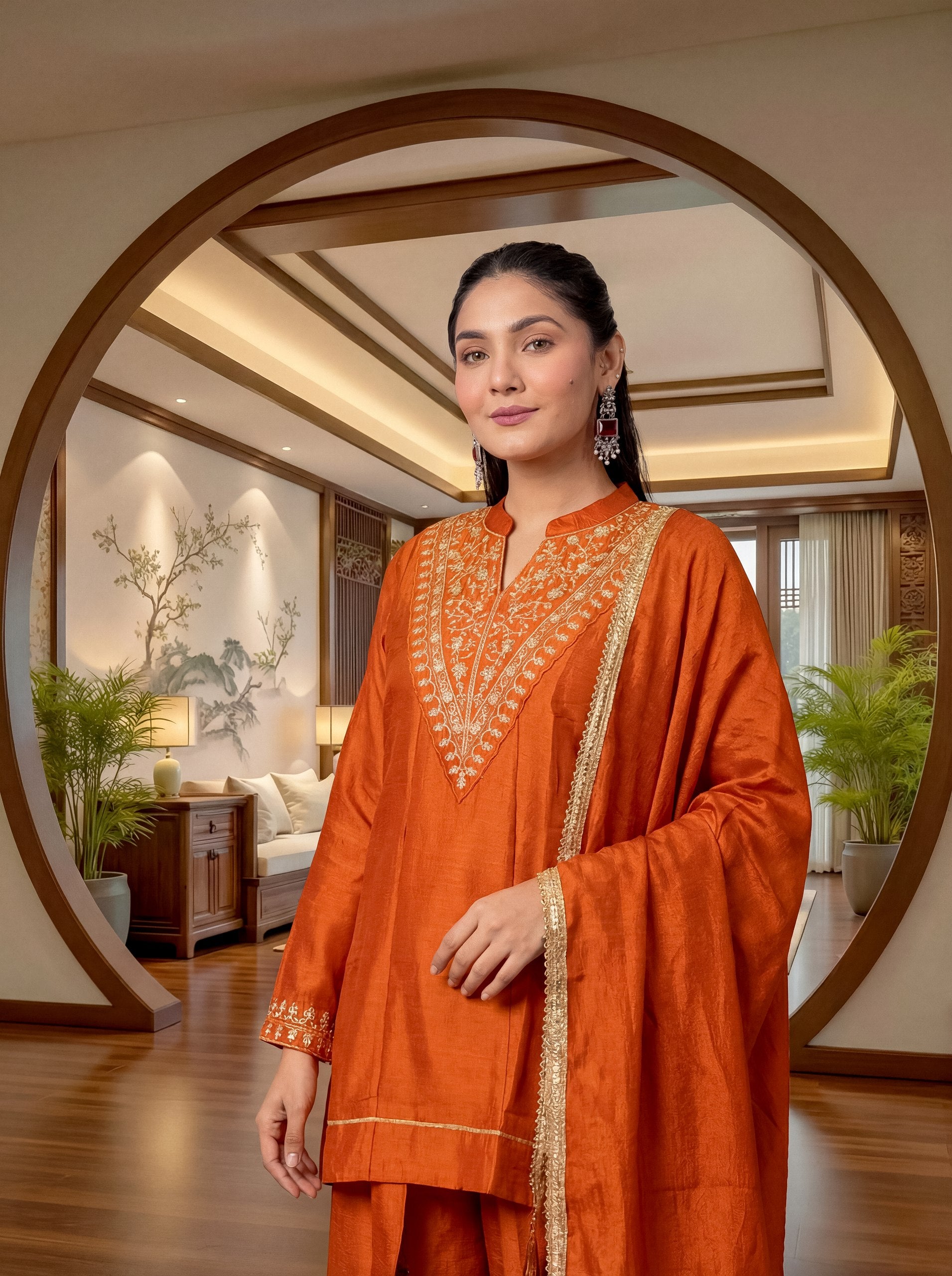 Embroidered Regular Sequinned Chanderi Silk Kurta with Palazzo & Dupatta