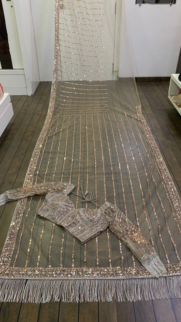 Grey Color Bollywood Saree in Soft Mono Net With Sequence Work Indian Sari