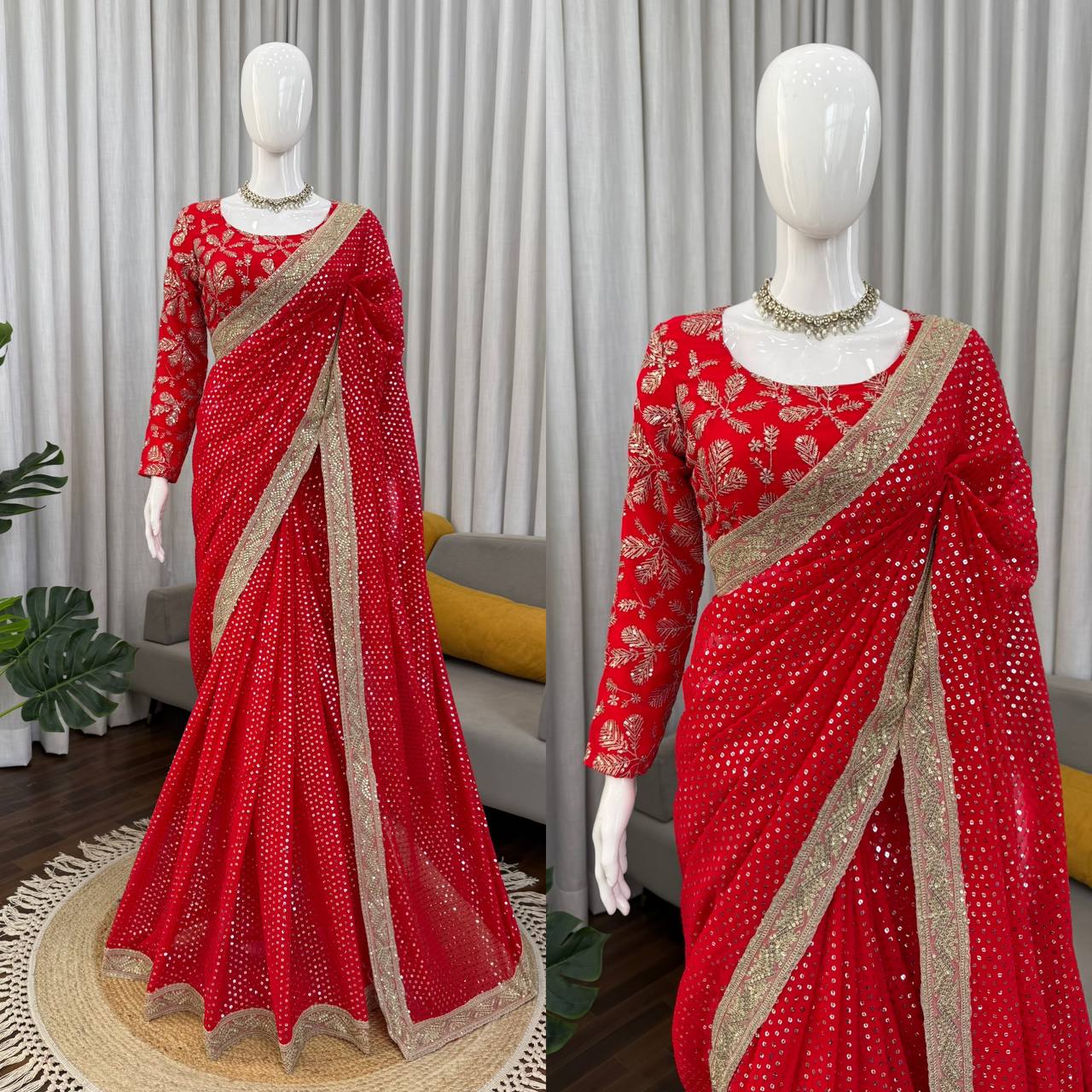 Faux Blooming Georgette Red Saree