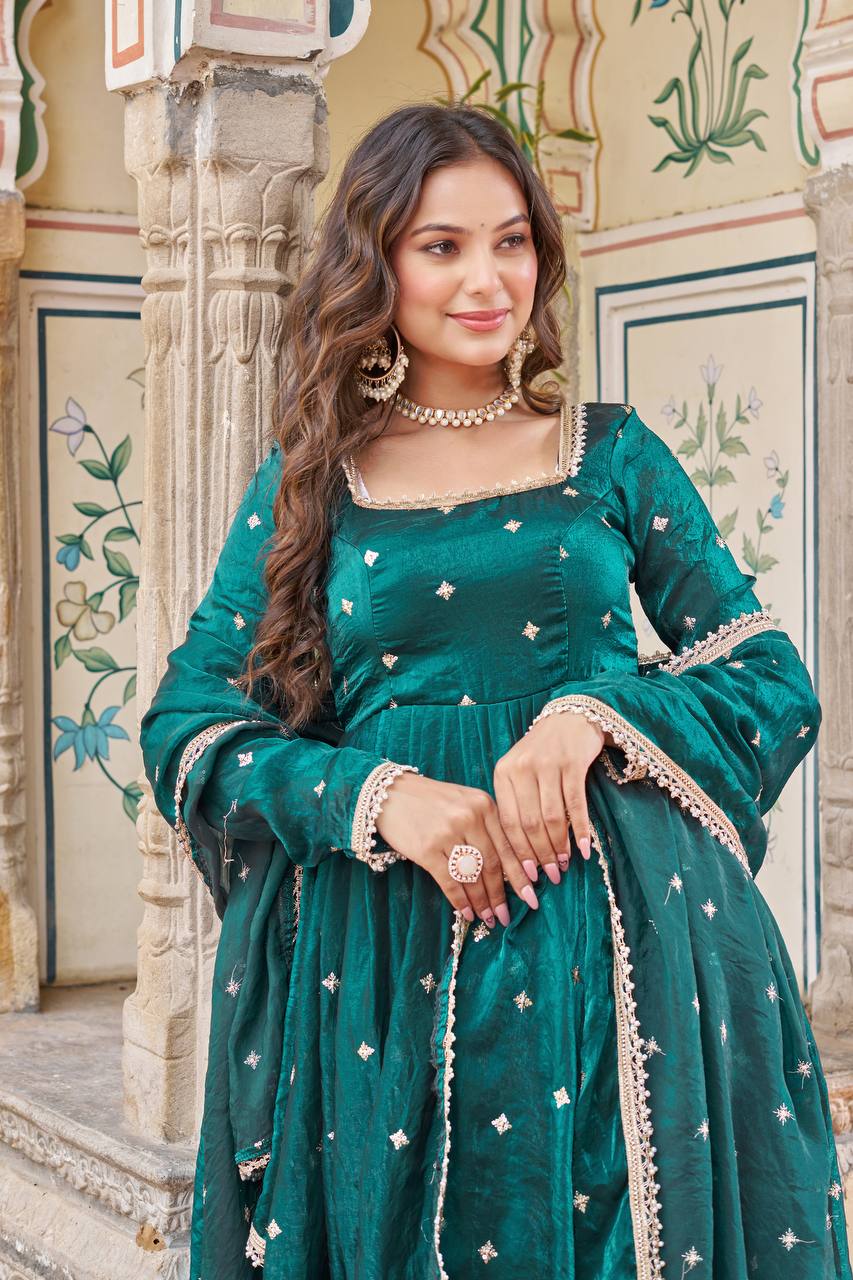 Embroidered Art Silk Anarkali Suit in Teal Blue