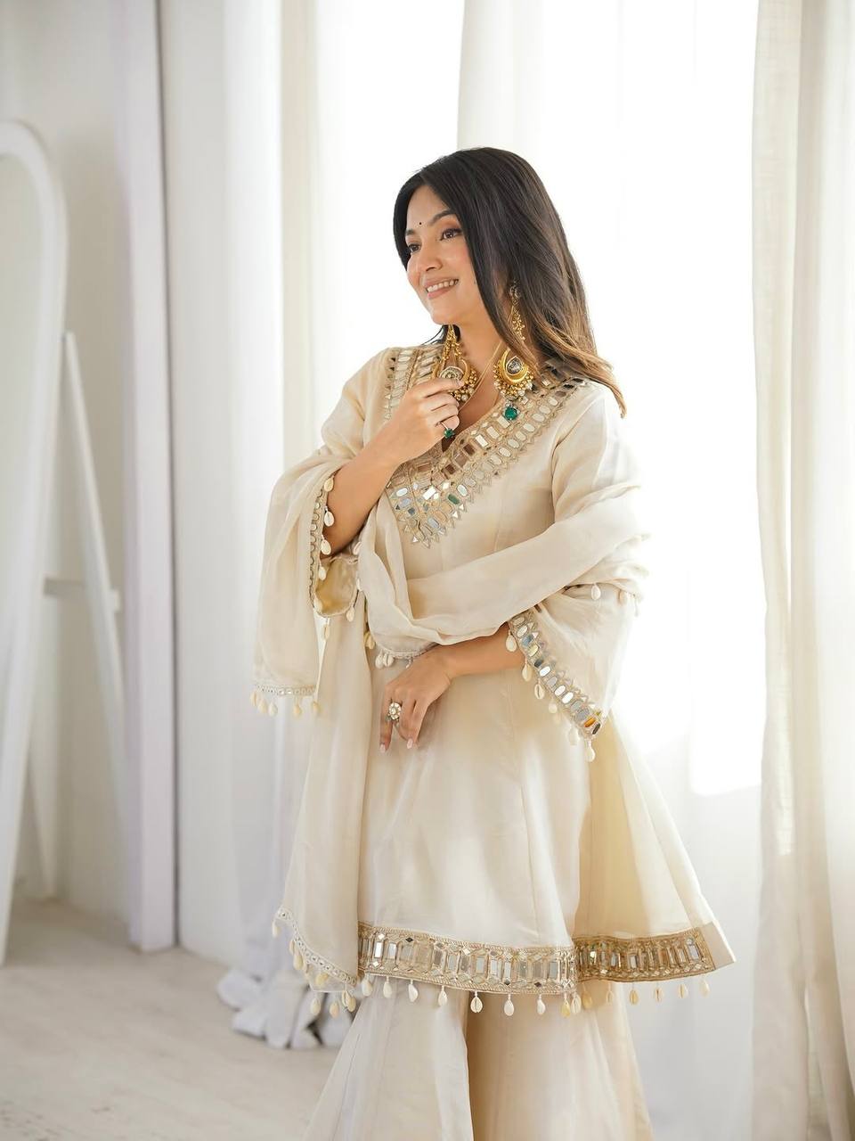 Premium Real Mirror Work Chinon Plazzo Set with Kodi Lace Dupatta for Festive and Party Wear