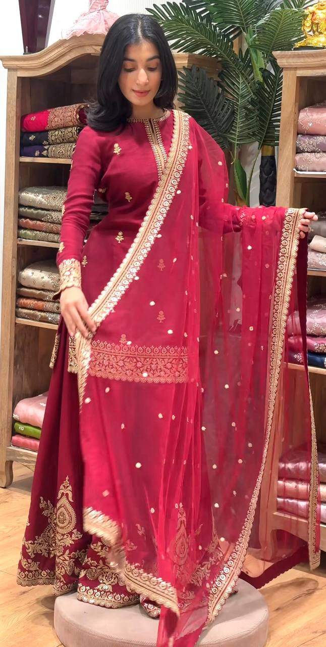 Super Red Natural Crap Embroider Work Salwar Suit
